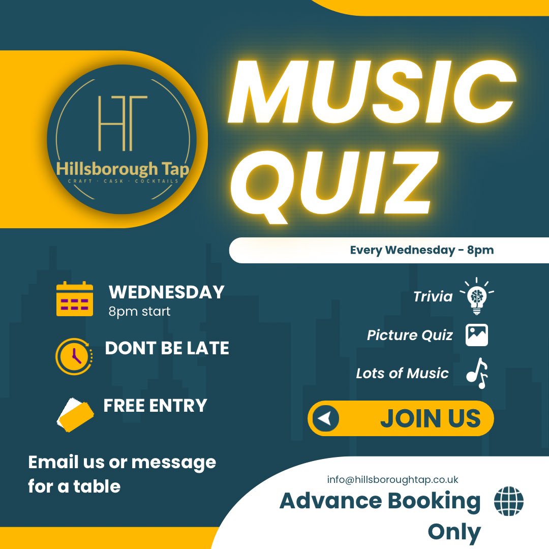 Music Quiz Weds advance booking only send a message/email us
info@hillsboroughtap.co.uk
#hillsborough #s6 #thisishillsborough #supportlocal #supportsmallbusiness #supportindependents #familyrun #bestbeerinhillsborough #dreamteam #quiznight #whatsoninsheffield #Sheffieldissuper