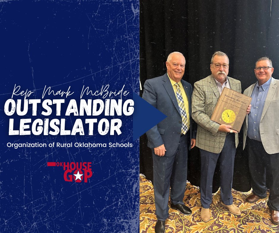 OKHouseGOP's tweet photo. Congratulations to Rep. Mark McBride, R-Moore, for being named named Outstanding Rural Legislator by the Organization of Rural Oklahoma Schools! #okleg Read more: https://t.co/sMXbYQZAua https://t.co/Sx66YJ8Wb4