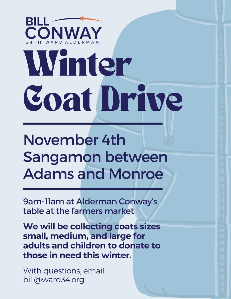 On Nov. 4 from 9am-11am, my team will be at the West Loop @GreenCityMarket (on Sangamon between Adams and Monroe) collecting coats for those in need this winter. Please stop by our table to donate new and gently-used coats for adults and children sizes small, medium, and large.