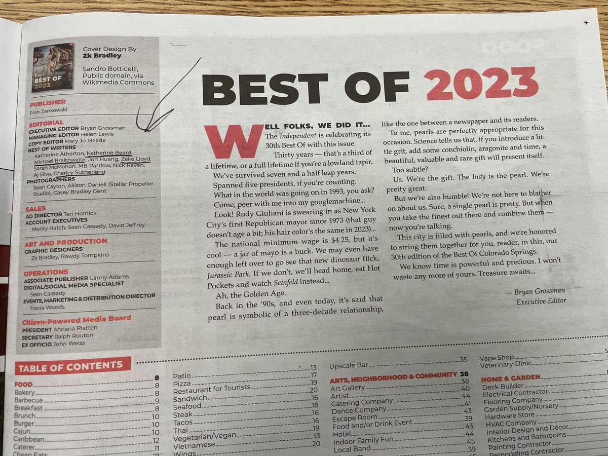 CoreyHutchins's tweet photo. As someone who has written my fair share of ‘Best Of’ alt-weekly items, I’m proud to see @ColoradoCollege⁩ journalism minors represented in this year’s masthead as contributors for the edition in the Springs https://t.co/O6vQvIx0K9