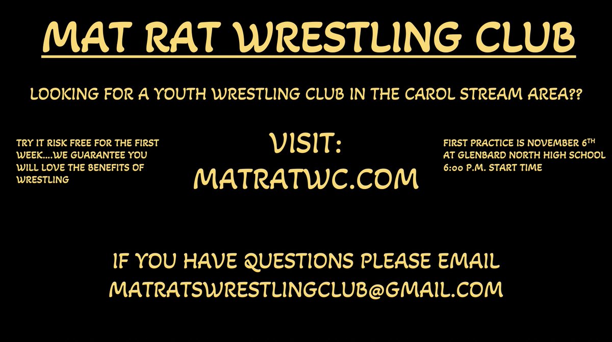 MatRatWrstClub's tweet image. Calling all youth Boys and Girls looking for a winter sport! MRWC is currently open for a risk free week trial. Please reach out to us via email or join us November 6th at 6pm for our first practice of the season!!