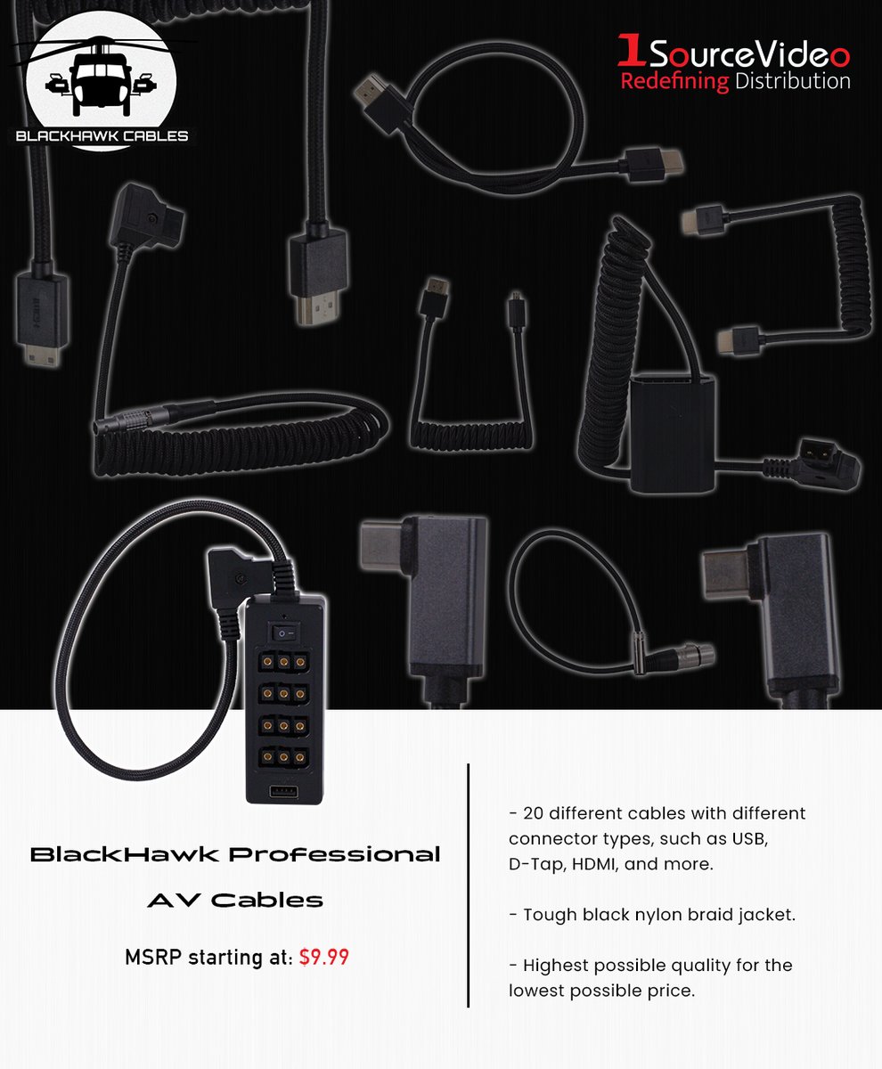 1sourcevideo's tweet photo. Introducing our newest vendor, Black Hawk Cables!
#1Sourcevideo #blackhawkcables #cables #avcables #audio #video #production #videoproduction #filmmaking #cinematography #distribution #RedefiningDistribution #professionalequipment #HDMI #USB #Dtap #audioequipment #filmequipment https://t.co/INZyv0k0bs