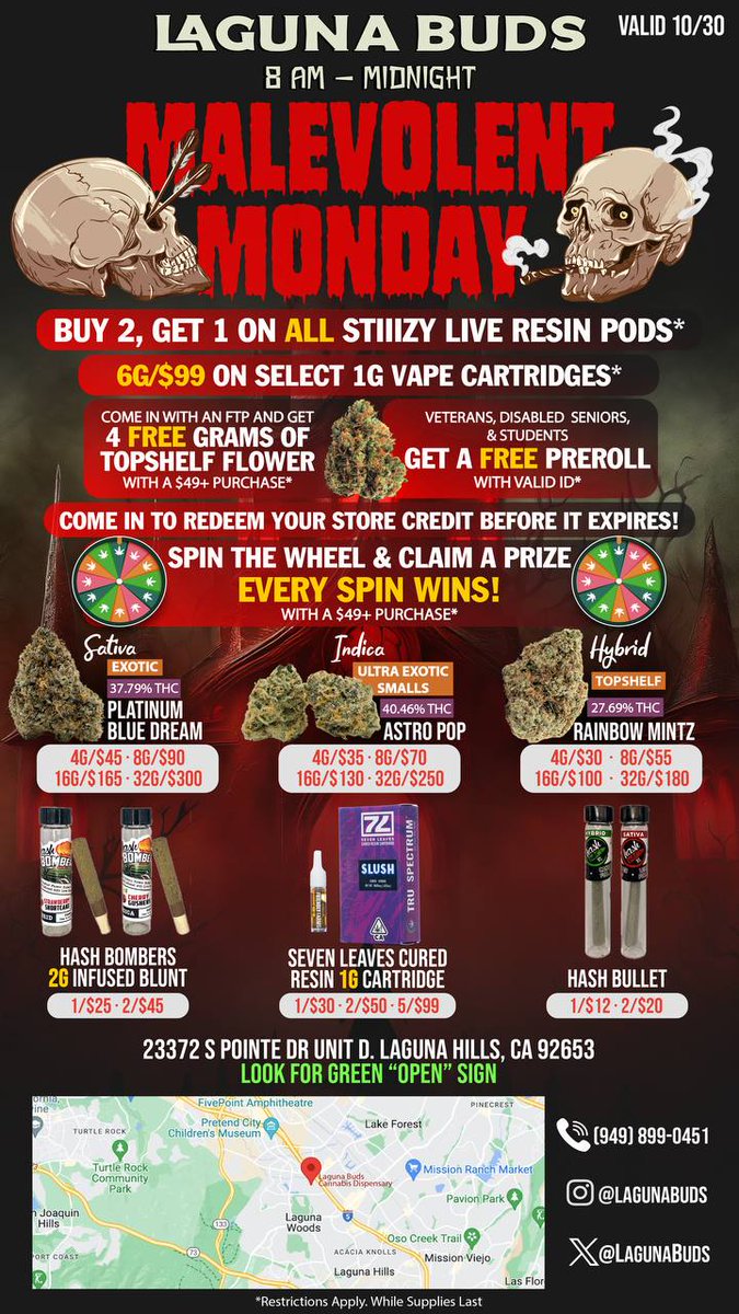 LagunaBuds's tweet photo. ���� Start your Monday with a bewitching twist - spooky cannabis deals that will leave you spellbound! 👻 
Unleash your inner stoner spirit at Laguna Buds Cannabis Dispensary! 

Follow us for more daily deals!🤪

📍23372 S Pointe Dr., Unit D Laguna Hills, CA 92653
☎️ (949) 899-0451 https://t.co/zLuqXBKZeL