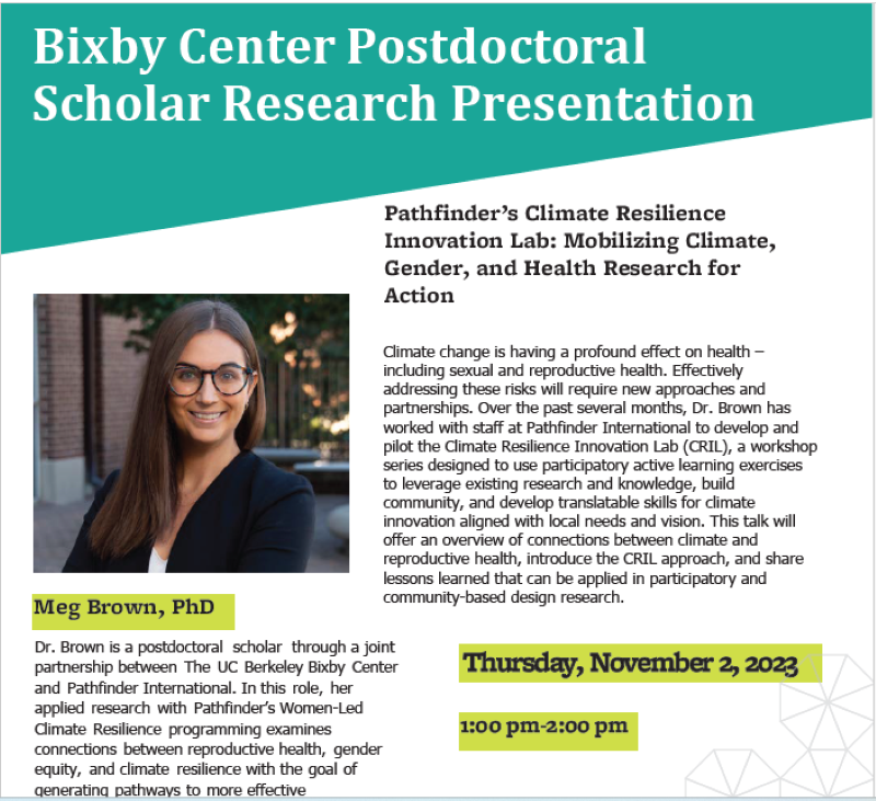BixbyCenter's tweet photo. You are invited to Dr. Meg Brown's research presentation this Thursday, November 2, 1 pm-2 pm.   

Mobilizing Climate, Gender, and Health Research for Action. 

https://t.co/F9UFYwWenB   

Join the Zoom meeting:
https://t.co/4ML7rJFg8I

Meeting ID: 999 7011 9745
Passcode: 979227 https://t.co/xvJTDxPbA6