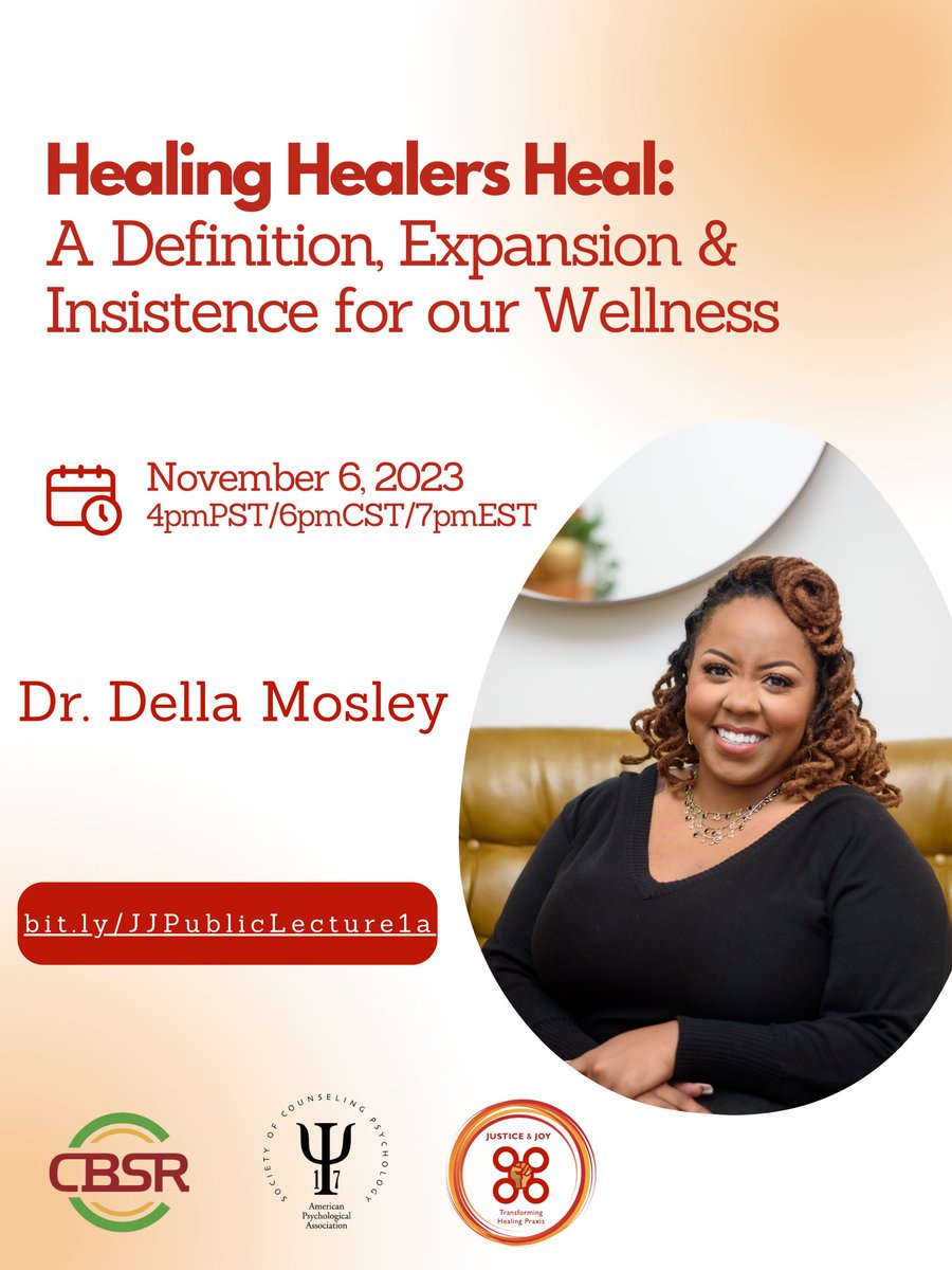 Please join us for the launch of our Justice & Joy initiative. Dr. Della Mosley will present on Healing Healers Heal on Mon 11/6/23 at 4pm PST/7pm EST. You can watch via zoom. Register at bit.ly/JJPublicLectur… #JusticeJoyHealing