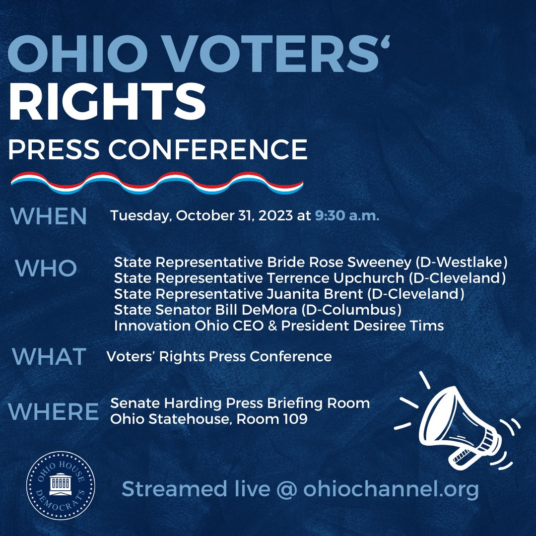 ❗️TOMORROW❗️ Join @RepBrideSweeney @tupchurch216 @Juanita_Brent @billdemora & @TimsDesiree @ 9:30am to discuss Ohio voters’ rights after the calculated voter purge from the Secretary of State’s office. Watch live tomorrow on the Ohio Channel.