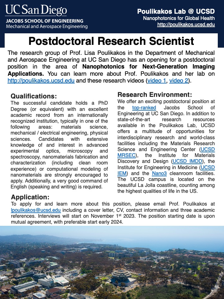 The Poulikakos lab at @UCSDJacobs has an #opening for a #postdoctoral research scientist in the area of #nanophotonics for next-generation #imaging applications. If interested, please send me a cover letter, CV, and 3 academic references. Please retweet!