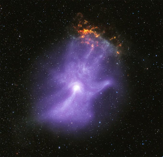 A composite image of a pulsar wind nebula which strongly resembles a ghostly purple hand with sparkling fingertips, set against a black, starry backdrop.

X-ray observations by Chandra and IXPE reveal that the shape of this pulsar wind nebula strongly resembles a human hand, including five fingers, a palm and wrist. The bright white spot near the base of the palm is the pulsar itself.

The three longest fingertips of the hand-shape point toward our upper right, or 1:00 on a clock face. There, a small, mottled, orange and yellow cloud appears to sparkle or glow like embers. This orange cloud is part of the remains of the supernova explosion that created the pulsar. The backdrop of stars was captured in infrared light. Credits: X-ray: NASA/CXC/Stanford Univ./R. Romani et al. (Chandra); NASA/MSFC (IXPE); Infrared: NASA/JPL-Caltech/DECaPS; Image Processing: NASA/CXC/SAO/J. Schmidt