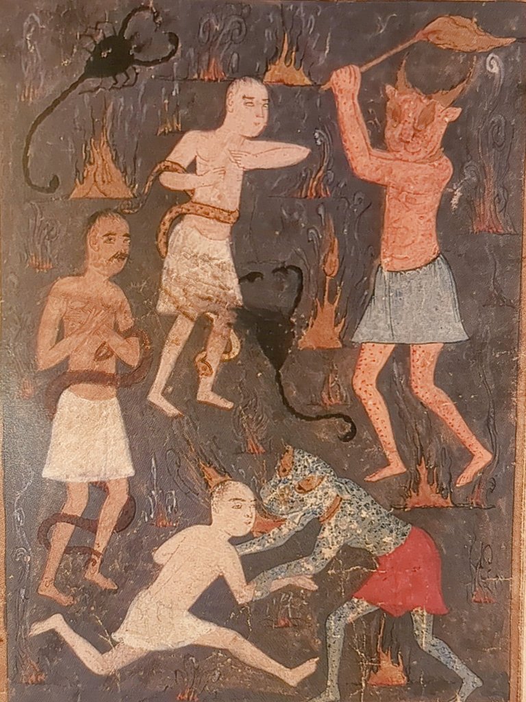 In Ottoman mythology, the horrors of hell include scorpion and snake attacks alongside being tormented by zabaniya, or hell wardens. 
🎨 is from a 17c ms, Ahval-ı Kıyamet, a book that surveys of the signs of the apocalypse and its aftermath 🖤#MythologyMonday #ManuscriptMonday