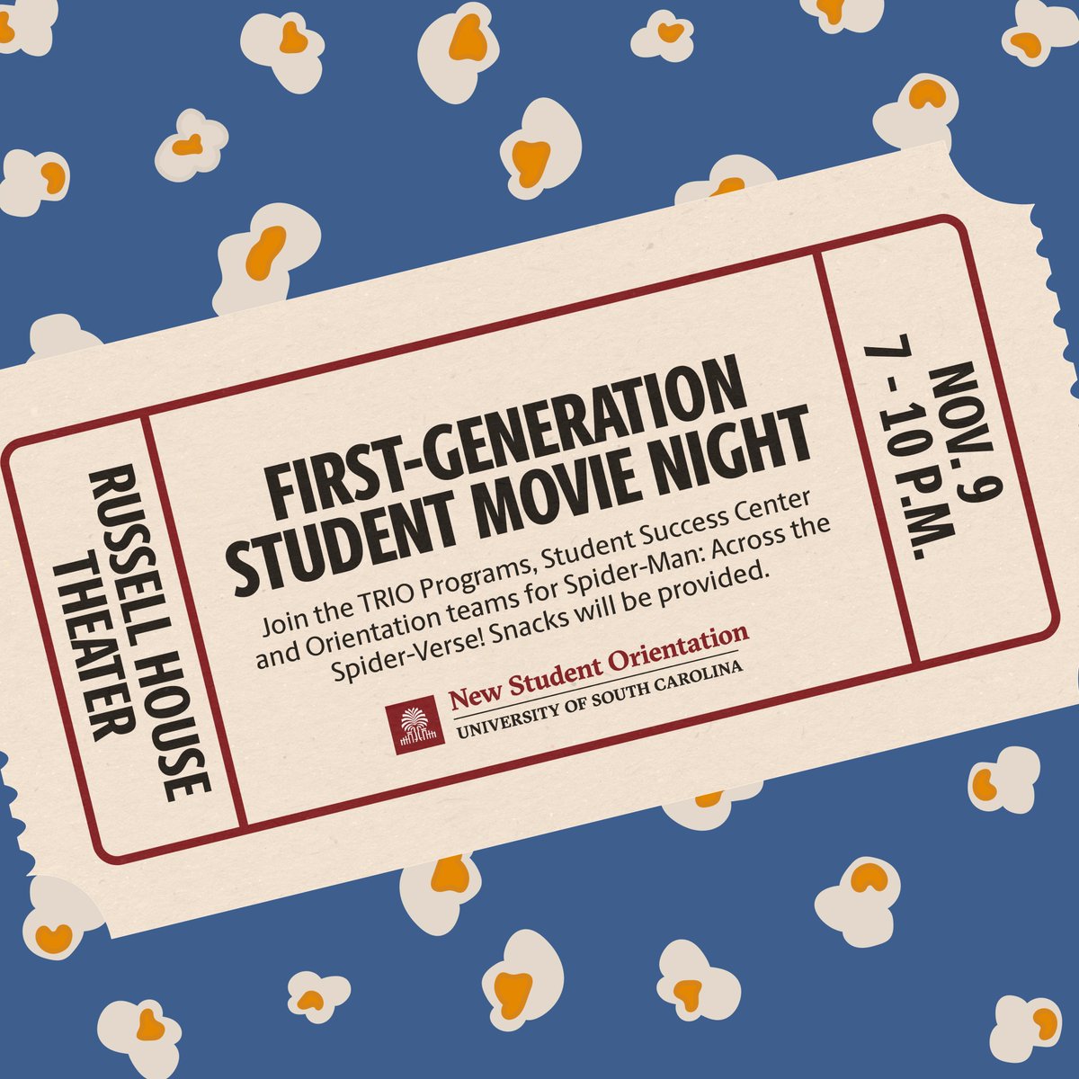 UofSC_ONSO's tweet photo. We love celebrating our #USCFirstGen students! Join the #TRIO Programs, @UofSCSSC and #USCOrientation teams next Thursday for a movie night in @russellhouseuu at 7 p.m. We will have snacks and a screening of Spider-Man: Across the Spider-Verse. RSVP today: https://t.co/NDQ8RP5uNd https://t.co/qM1gpwDNfV