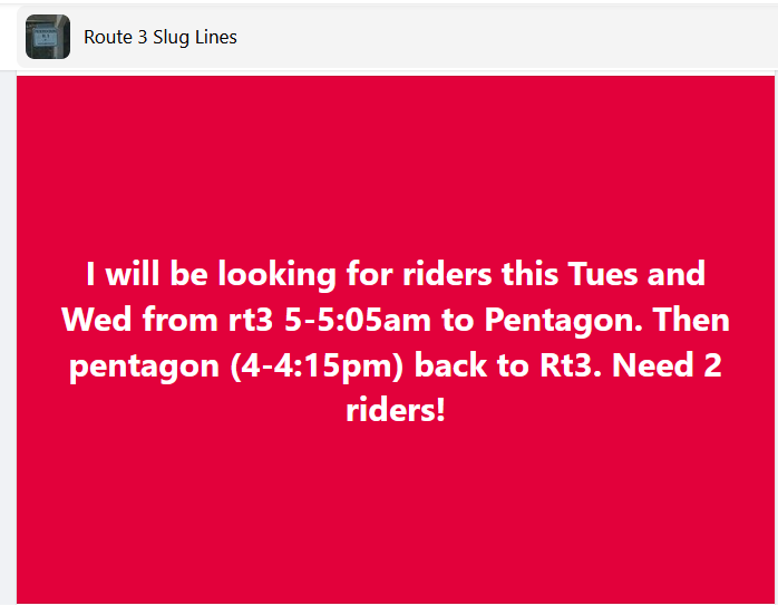 Anyone looking for rides from Rt.3 to The Pentagon?