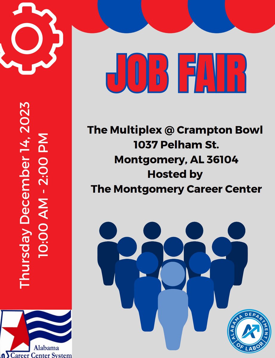 The Montgomery Career Center is hosting a job fair December 14, 2023 at the Multiplex. Over 50 employers will be present! Please see flyer for details: