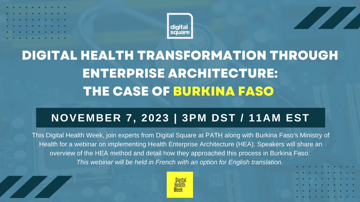 As part of #DigitalHealthWeek2023, join experts from Digital Square and the #BurkinaFaso MOH on Nov 7 at 11am ET/8am PT/3pm DST for a webinar on Health Enterprise Architecture. The webinar will be in French with an option for English translation.
Register: path.zoom.us/meeting/regist…