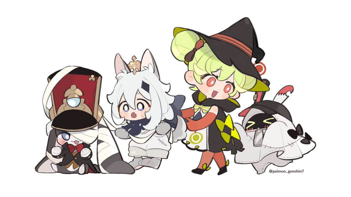 paimon (genshin impact) multiple girls hat witch hat animal ears green hair double bun halloween costume  illustration images