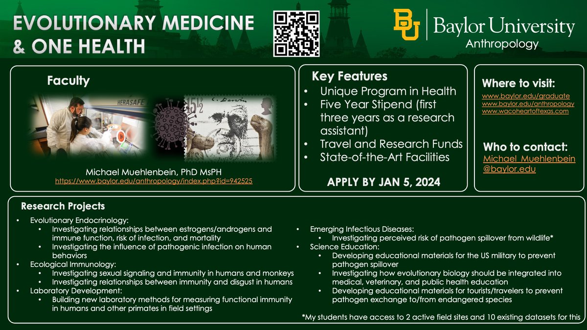 <a href="/BaylorAnthro/">Baylor Anthropology</a> PHD PROGRAM FACULTY SPOTLIGHT - Prof (&amp; Chair) Michael Muehlenbein. The Muehlenbein Lab specializes in the study of evolutionary endocrinology/immunology &amp; emerging infectious diseases. Lab and field opportunities in the US and globally. #PhD applications due Jan 5!