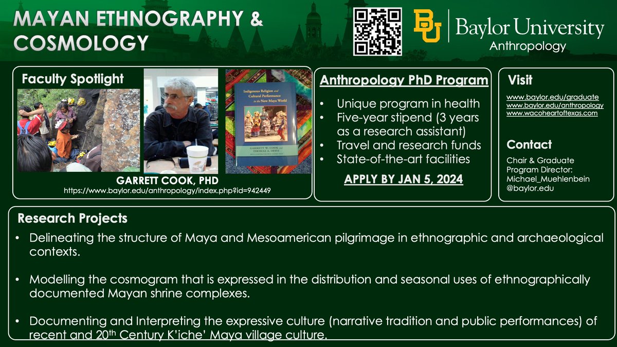 <a href="/BaylorAnthro/">Baylor Anthropology</a> PHD PROGRAM FACULTY SPOTLIGHT - Prof Garrett Cook. Dr Cook specializes in Mayan #ethnography and #cosmology, including the study of #medicine societies in Guatemala &amp; Belize. Applications to our health-focused #anthropology #PhD program are due on January 5!