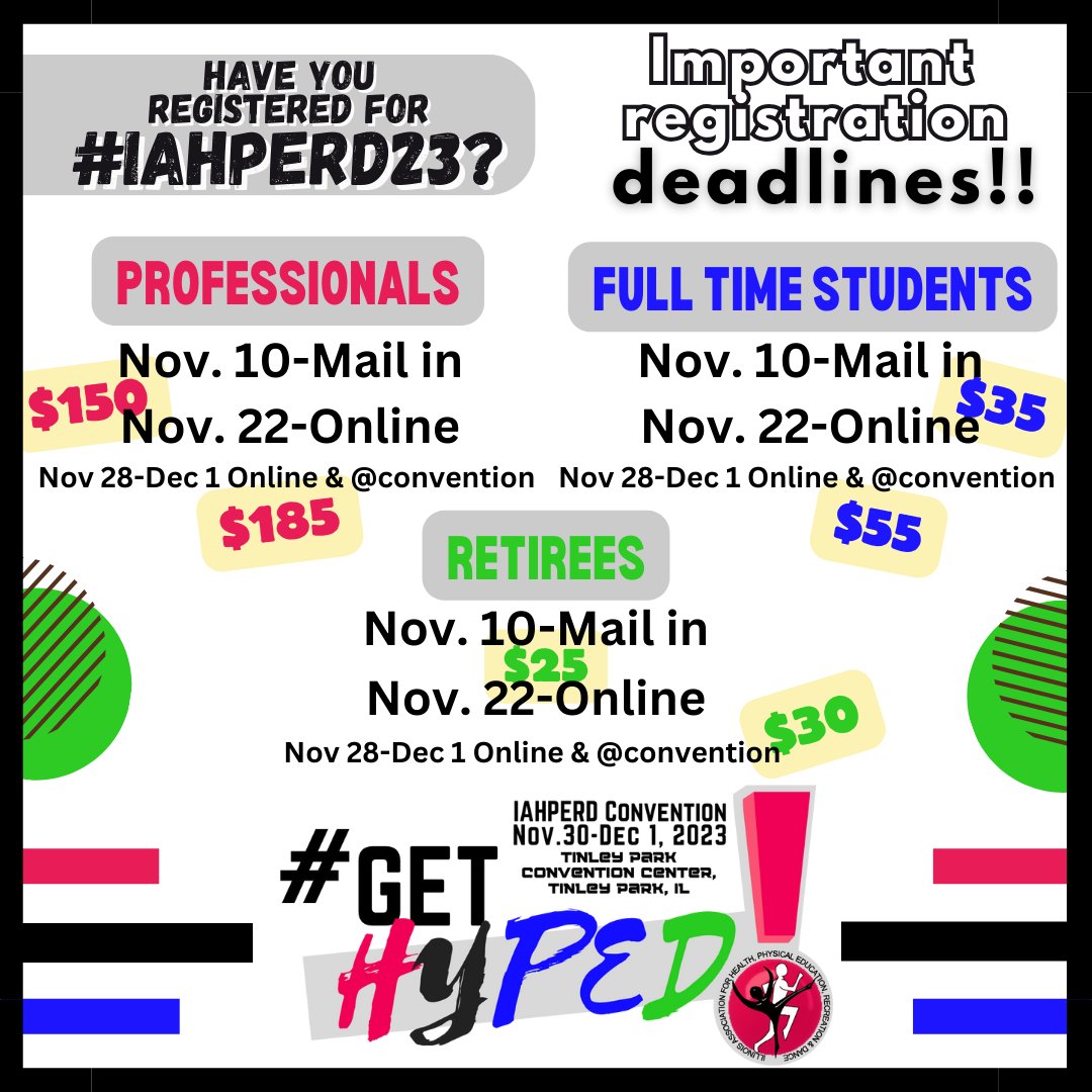 📢ATTENTION #healthed &amp; #physed professionals:
Important registration deadlines to know regarding the upcoming #IAHPERD23 convention 👀⬇️