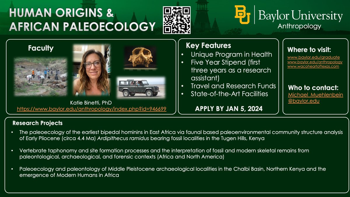 <a href="/BaylorAnthro/">Baylor Anthropology</a> PHD PROGRAM FACULTY SPOTLIGHT - Dr Katie Binetti. Dr Binetti specializes in E African early hominin #paleoecology &amp; modern human origins. Paleontological/archaeological &amp; #forensic interests. Apply to our <a href="/Baylor/">Baylor University</a> health-focused #anthropology #PhD program by Jan 5!