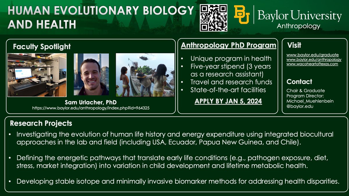 <a href="/BaylorAnthro/">Baylor Anthropology</a> PHD PROGRAM FACULTY SPOTLIGHT - Human biologist Prof. Sam Urlacher (<a href="/SSUrlacher/">Sam Urlacher</a>). The Urlacher Lab investigates the evolved energetic/biocultural pathways that underlie variation in child development &amp; lifetime health. Global lab/field projects. #PhD apps due Jan 5!
