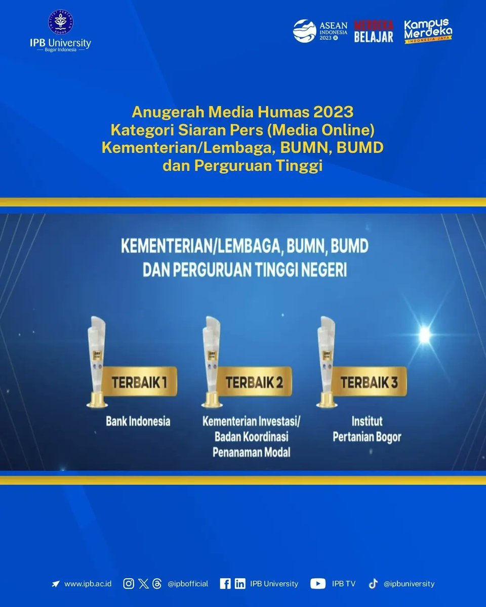 ppidipb's tweet photo. #PrestasiIPB

Repost @ipbofficial

Hai, #IPBnesian
Penyebaran informasi institusi dengan didukung konten siaran pers yang berkualitas menjadi salah satu kunci pemenuhan hak publik atas informasi.

Kami ucapkan terima kasih atas seluruh perjuangan.

Jayalah kampusku, IPB Digdaya! https://t.co/LCpF9ZNYwl