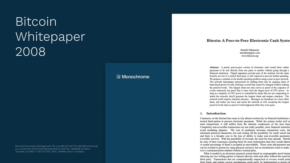 15 years ago, on 31st October 2008, the Bitcoin whitepaper was published. Happy #Bitcoin whitepaper day 🎂 Read it here 🔽 monochrome.au/news/articles/…