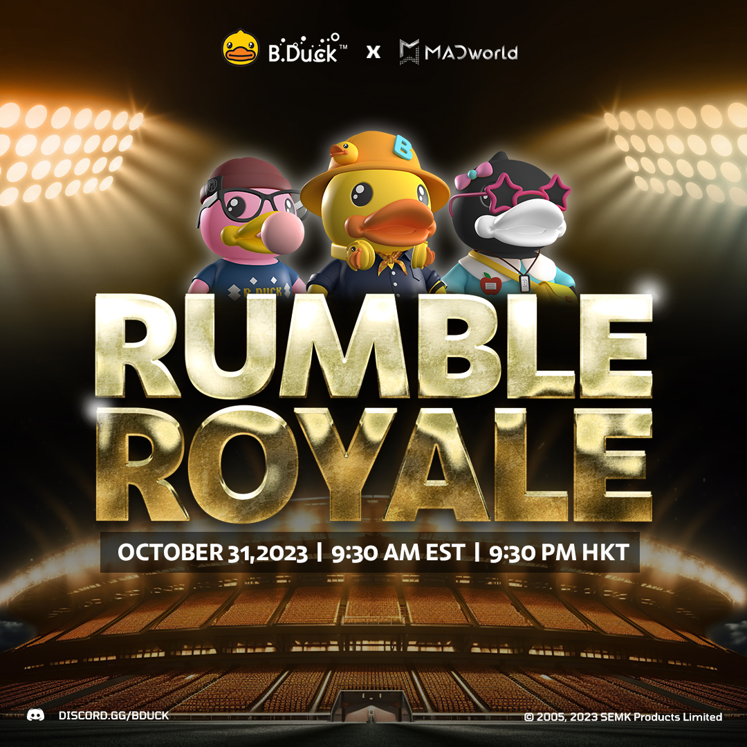 bduck_metaverse's tweet photo. Ahoy there, Quacklings! 🦆

It's time to dust off as Rumble Royale is back for another epic game night tomorrow, October 31, 2023, at 9:30 AM EST / 9:30 PM HKT! ⏰

So what are you waiting for? Mark your calendars and set your reminders tomorrow!

See you on the battlefield! ⚔️ https://t.co/umGXZDqdYv