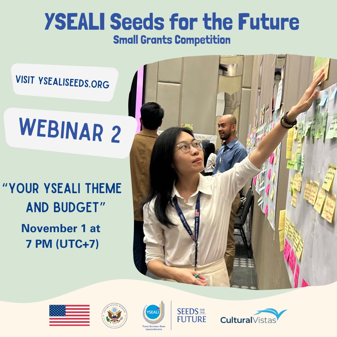 Not sure how to build a project brand or a practical budget for your #YSEALSeeds application? Join us on November 1 at 7:00 pm (UTC+7) and get some tips 😉. Register at: bit.ly/45mPAPN or yseasliseeds.org #YSEALISeeds #YSEALI #YSEALI10