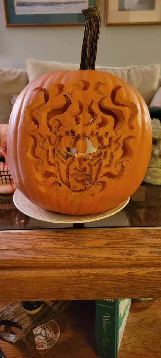 djenneration's tweet photo. I had no clue what to do for this pumpkin..

So have a tribute to the Clever Coop ("Praise MaCOOPah!") with a pidgeon! BG3 anyone? 😊

AND YET ANOTHER Jojo related pumpkin! 😅
Instead of Dio &amp; the stone mask, have a 🎶STAAAR PLATINUM🎶!

Happy Halloween, Boils &amp; Ghouls! 🎃💚💜👻 https://t.co/G3UrzrO4gT