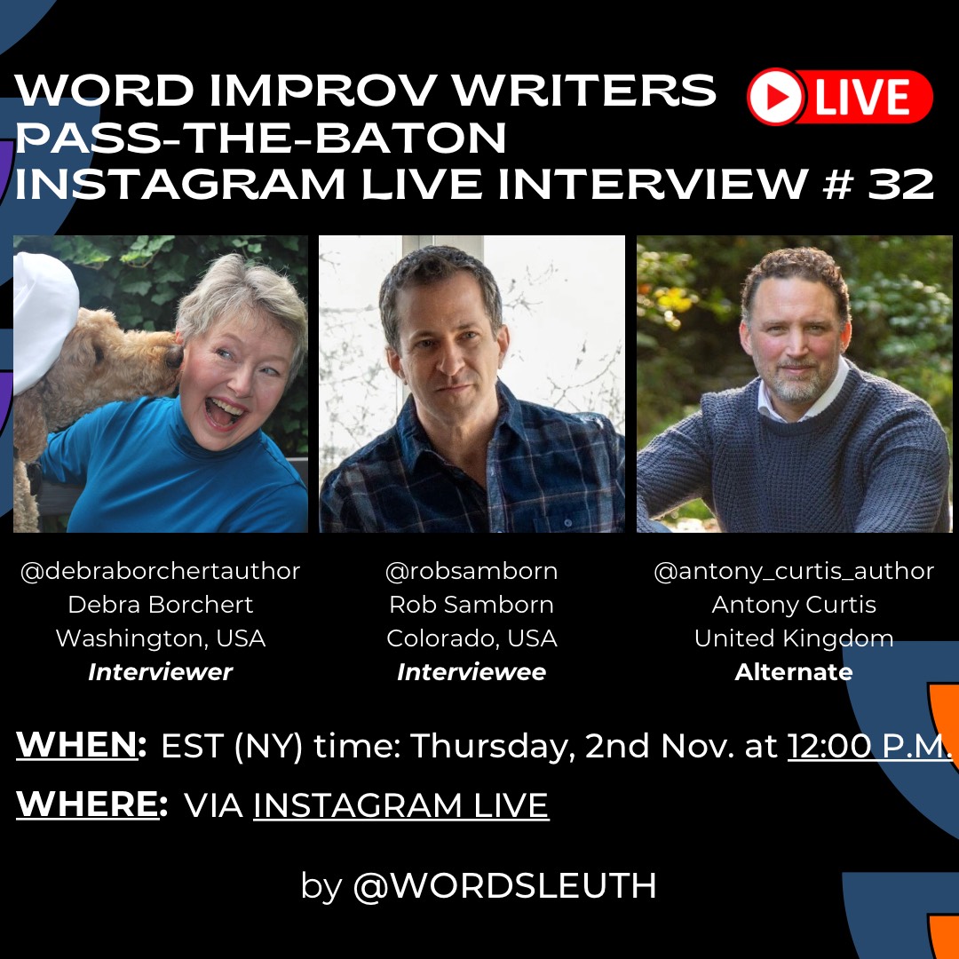 I can't wait for the next Word Sleuth #interview!

Nov. 2 at 12:00 ET, live on Instagram (@wordsleuth).

Please join me, <a href="/wordsleuth_IG/">WordSleuth</a>, <a href="/debraborchert/">Debra Borchert</a>, and Antony Curtis as we talk #books, #writing, &amp; hunting mysterious #words!

#booktwt #novel #fiction #read #writerslift