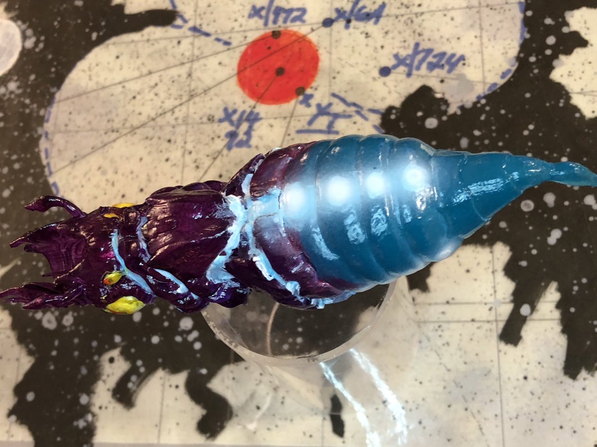 GeekToyLove's tweet photo. It’s just about freezing outside so working in the shop is getting harder to do, but that means I can get some work done inside. Busted out the airbrush and finished my nacelle sucker. 

I need to go over the eyes again I think. 

Print by ds10019 on eBay. 

#StarTrekLowerDecks https://t.co/iZnEoS3ATs