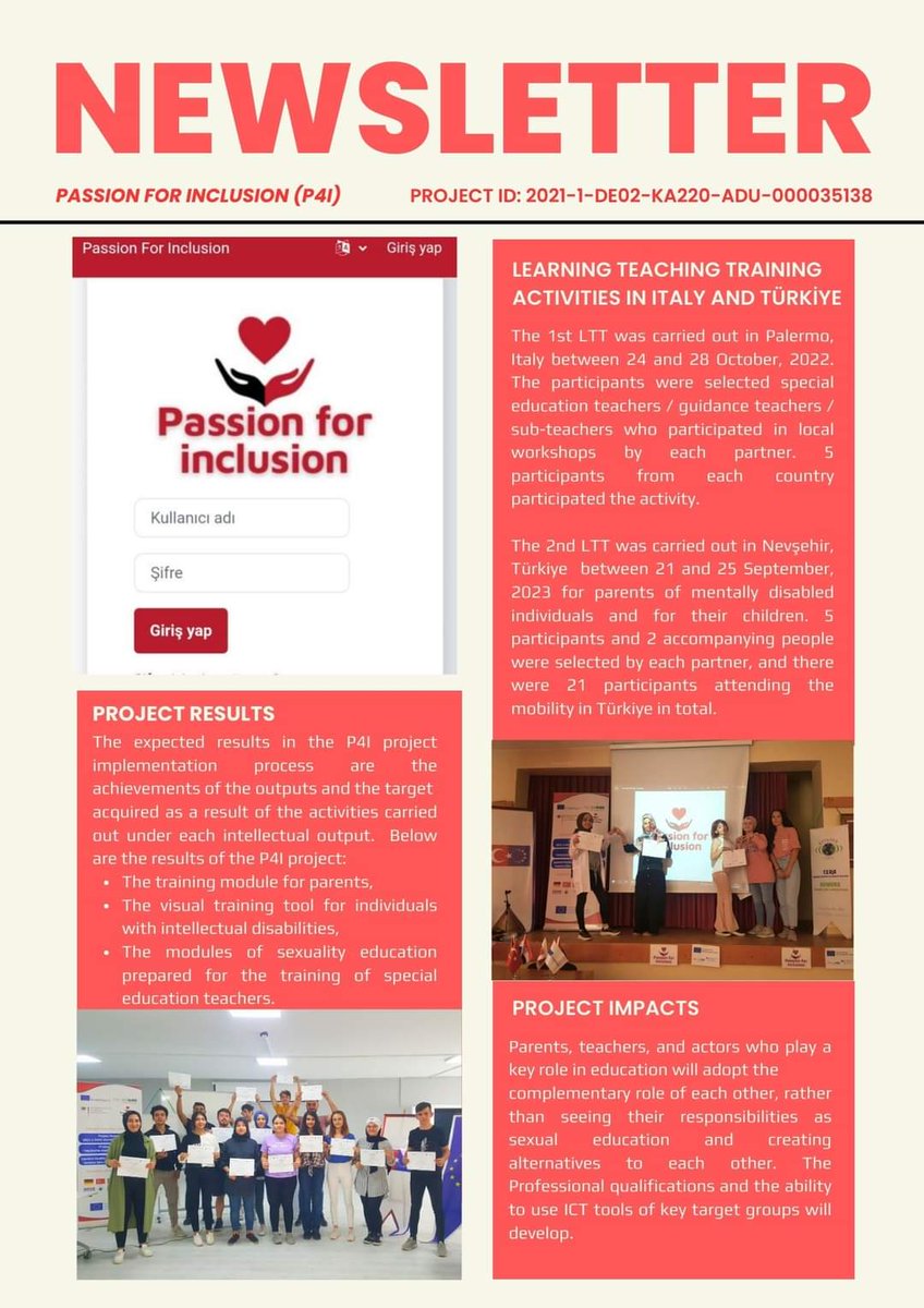 P4I English Newsletter Prepared By CERA Türkiye

Project Name: “Passion 4 Inclusion (P4I)'' 
Project Coordinator: ARSU Academy for Lifelong Learning and Development Germany e.V.
Project ID: 2021-1-DE02-KA220-ADU-000035138

#Germany 🇩🇪 #Türkiye 🇹🇷 #Italy 🇮🇹 #Romania 🇷🇴