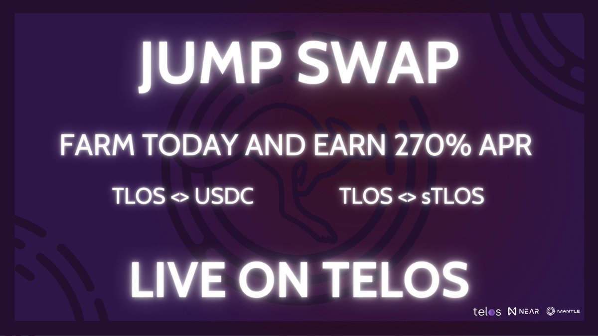Jumpers 🦘 We are thrilled to announce Jump Swap is LIVE on Telos 🎉

Join us for the kickoff featuring EPIC farming rewards available NOW🌾

Want to supercharge your $JUMP stack?
Claim 20 $JUMP by interacting with this Tweet👇

Like + RT
Tag a fren
Follow <a href="/JumpDeFi/">Jump DeFi</a> + <a href="/HelloTelos/">The Telos Foundation</a>