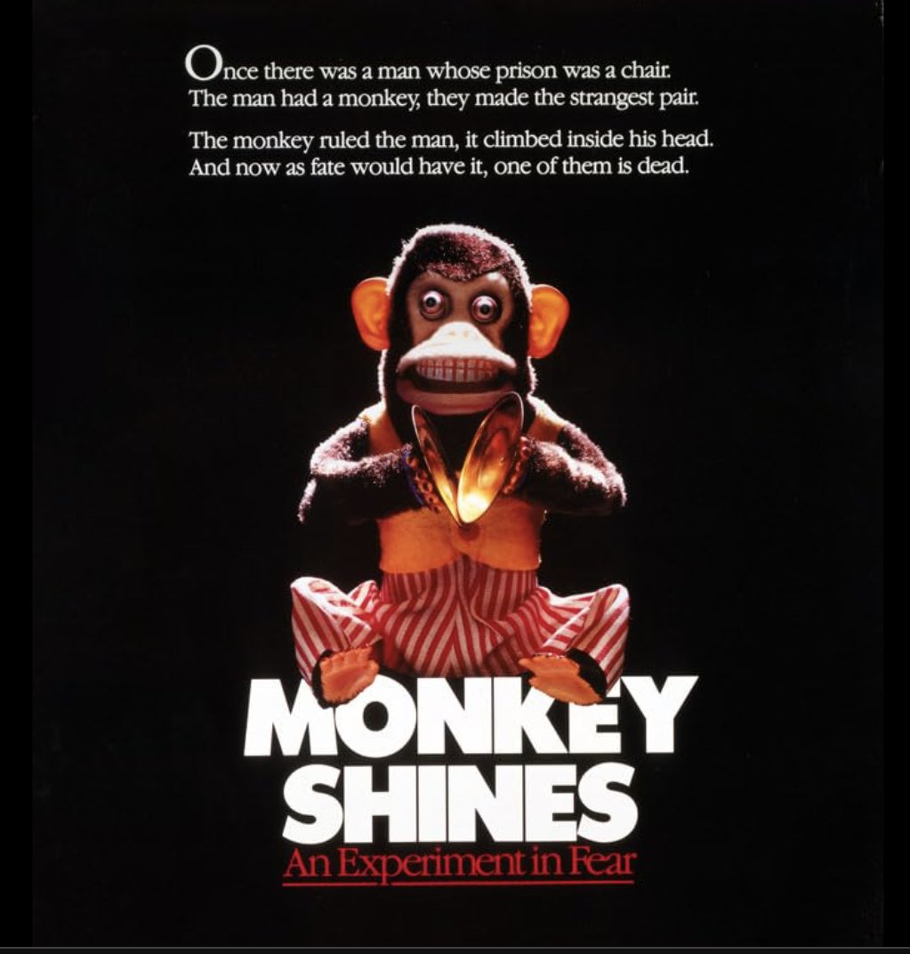 35. MONKEY SHINES ('88) George Romero's tale of a quadriplegic paired up with a lil' companion monkey to help him w/ everyday activities, like fetching stuff and—eventually—killing his enemies. This really captures both the cuteness & creepiness of monkeys. #31HorrorFilms31Days