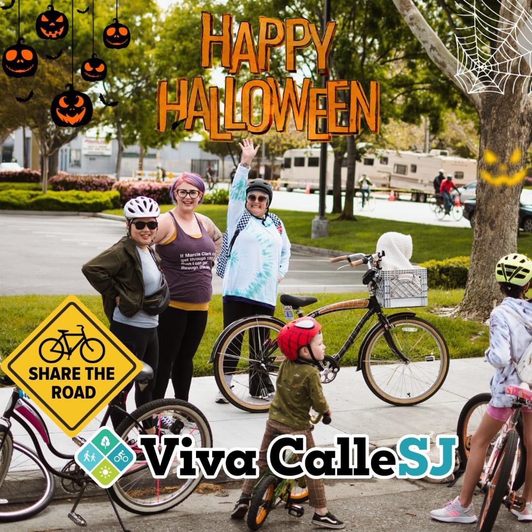VivaCalleSJ's tweet photo. 🚲🎃 Halloween is just around the corner, and we're all about having a spooktacular time while staying safe on the road! Remember to "Share the Road" and be extra cautious of all the trick-or-treaters, cyclists, and pedestrians out there. #vivacallesj #BuildingCommunityThroughFUN https://t.co/TV8xHsmvyo