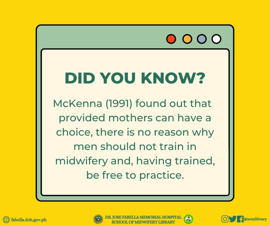 somlibrary's tweet image. Did you know?

McKenna (1991) found out that provided mothers can have a choice, there is no reason why men should not train in midwifery and, having trained, be free to practice.

#SOMLibrary