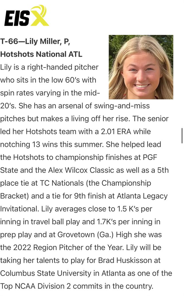 BIG thank you to <a href="/ExtraInningSB/">EXTRA INNING SOFTBALL</a> for naming me 66th best player in the country for the class of 2024!! <a href="/HotshotsNATL/">Hotshots National ATL</a> <a href="/CSUCougarsSB/">Columbus State Softball</a>