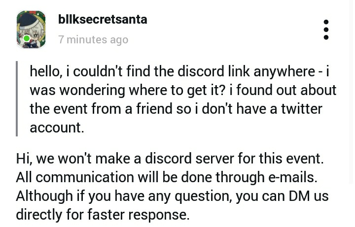 There is no discord server for this event, although this event is initiated by the people in an AllNagi server (it's an 18+ server). If you're interested in joining the server, feel free to DM <a href="/craftiecal/">craftie📌 comms open</a>  
tellonym.me/bllksecretsant…