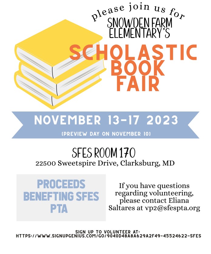 Our Fall Scholastic Book Fair will be taking place November 13th through the 17th.  We are moving the fair from the Media Center to Room 170. We are in need of volunteers to work the book fair. Please visit our SignUp Genius link to view time slots.  signupgenius.com/go/9040D48A8A6…