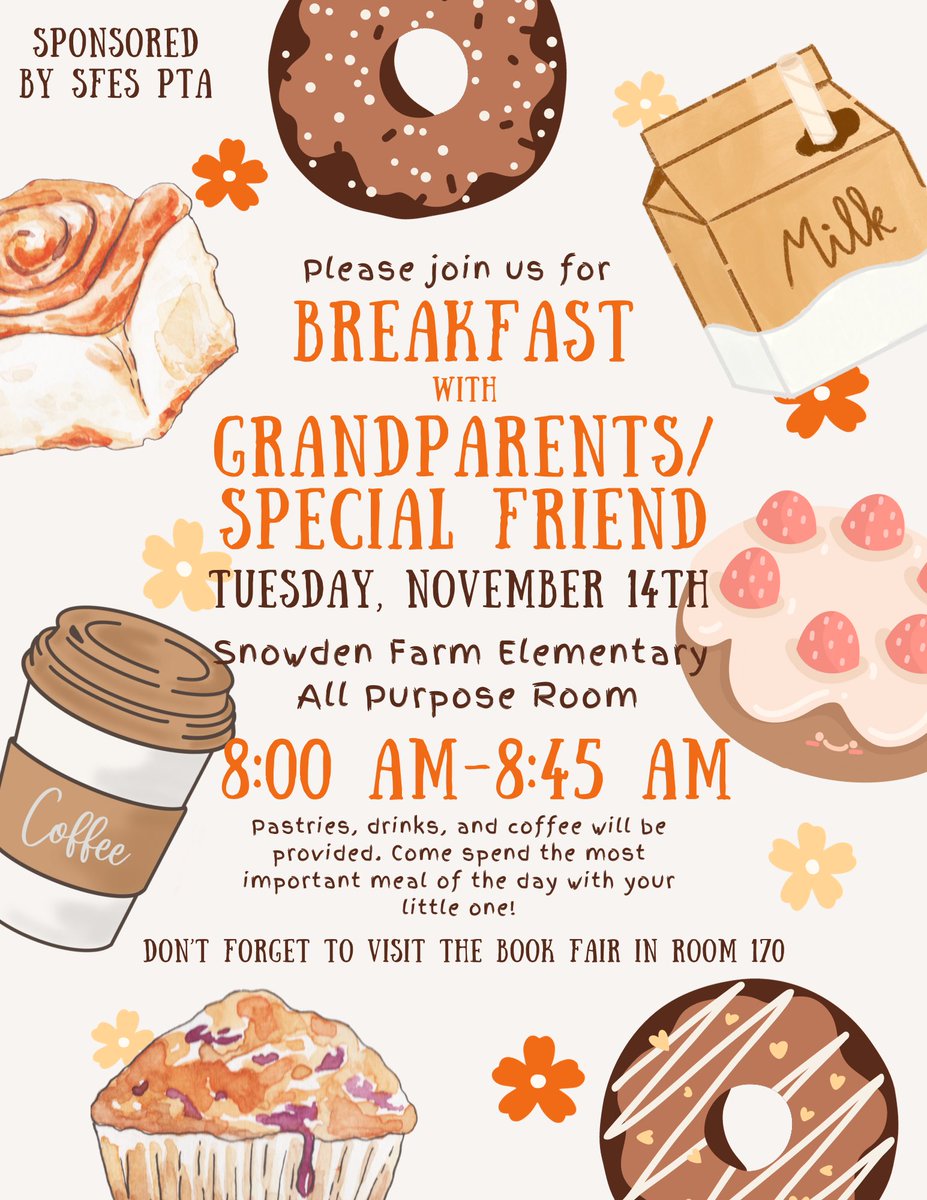PTA will be hosting a breakfast for our students and their grandparents/special friend(s) on Tuesday November 14th from 8am-8:45am in the all-purpose room.   Please RSVP at this link:  forms.gle/Xe1oKU1YSCfXcW… no later than November 10th.