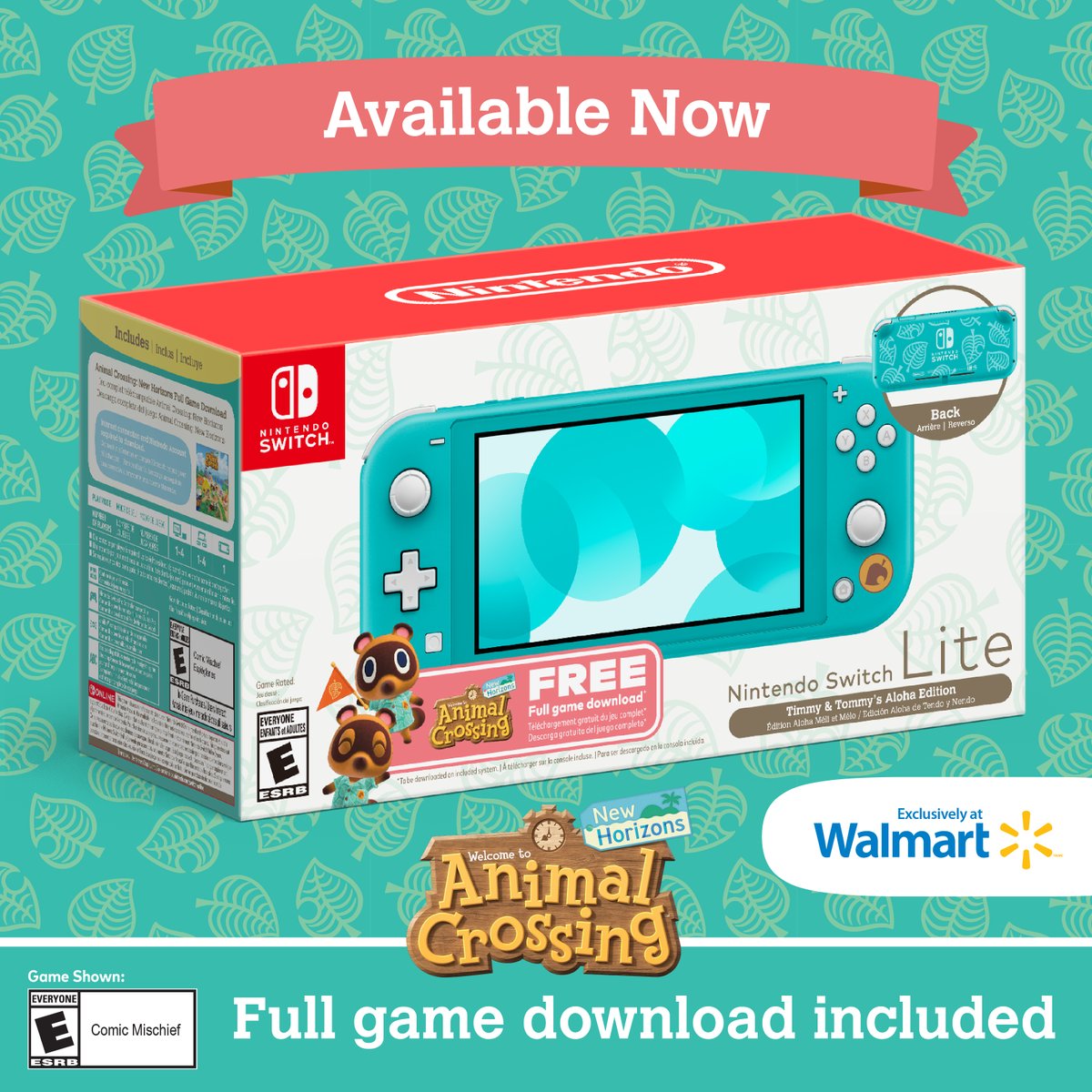 Timmy & Tommy’s Aloha-themed Nintendo Switch Lite bundle is now available exclusively at Walmart Canada! 🏝️ It includes a limited edition Nintendo Switch Lite console AND a full-game download code for Animal Crossing: New Horizons. ➡️ ms.spr.ly/601892s5M