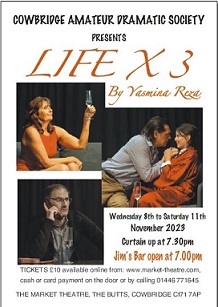 Our next production "Life x 3" by Yasmin Reza opens on 8th Nov until 11th Nov.  Tickets £10 available via …teur-dramatics-society.sumupstore.com phone 01446 771645 or on the door while tickets available #Cowbridge #theatre #supportlocal #valeofglamorgan #Whatson
