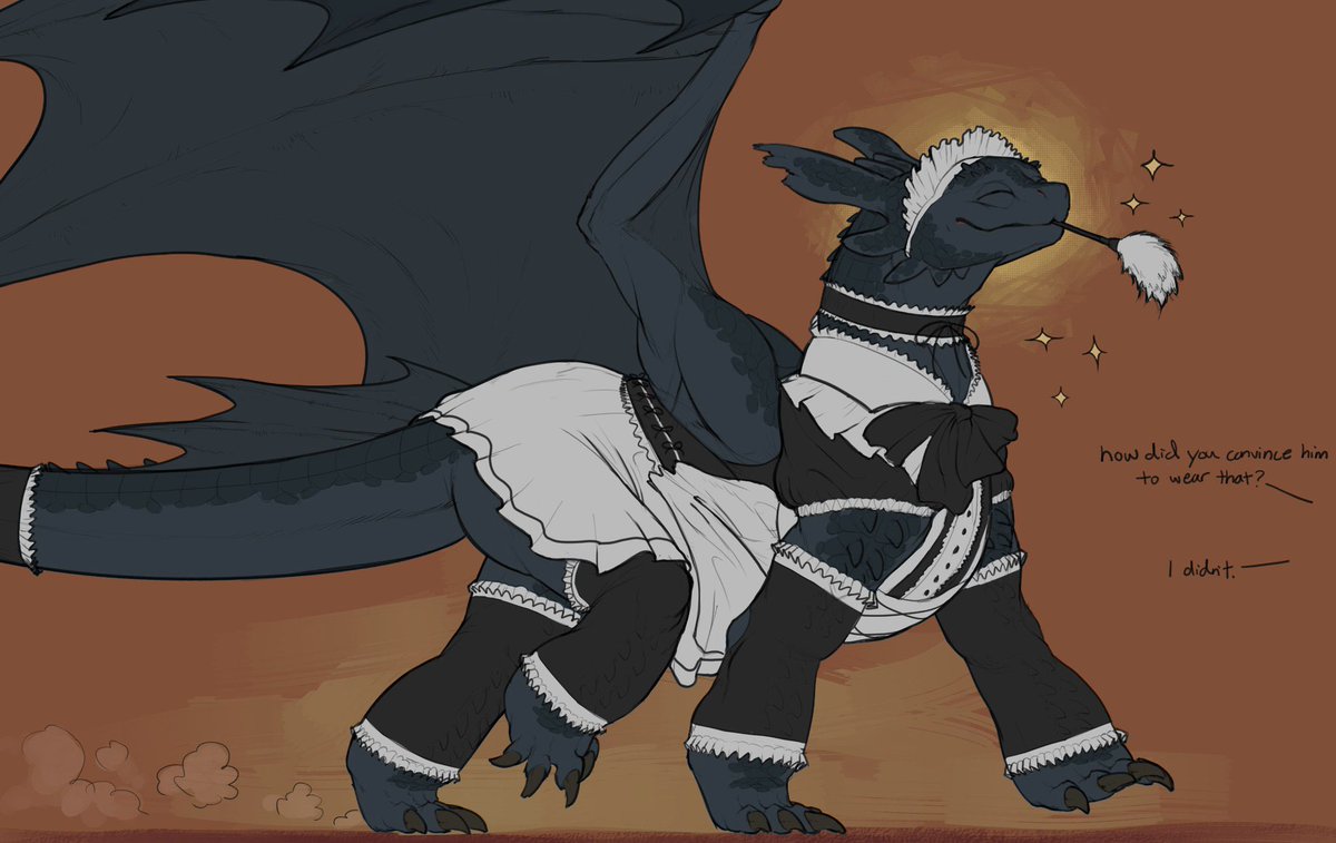 HTTYD3Toothless's tweet photo. *one day was walking around the village of berk in a maid uniform specifically designed for him to wear as for some strange reason it made him feel happy and subservient as he wanted to go around cleaning things for everyone like the good dragon he is as he was ok with this* https://t.co/hcyaGnNI08