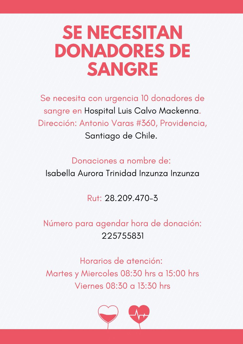 a_roa's tweet photo. Se necesita con urgencia 10 donadores de sangre en Hospital Luis Calvo Mackenna en Santiago, Para realizar una complicada operación al corazón de la pequeña hija de un voluntario de la Tercera Compañía del Cuerpo de Bomberos de Lota.  
@Bomba_Decima nos podrían ayudar a compartir https://t.co/tGXzkLWti1
