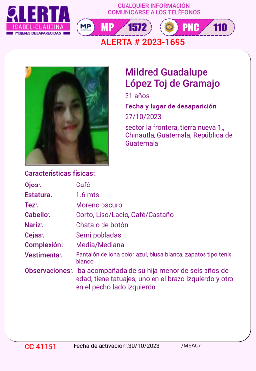 isabel_claudina's tweet photo. #AlertaIsabelClaudina
🚨 Ayúdenos a encontrar
Mildred Guadalupe López Toj de Gramajo
Desapareció el 27 de Octubre de 2023
 Cualquier información comunicarse al teléfono 📞 1572
Gracias por difundir esta información❗ https://t.co/9bc8rCiOcU
