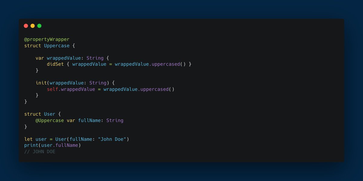 brunolorenzop's tweet image. It only takes two actions to create a custom property wrapper

1️⃣ Add@propertyWrapper annotation in any struct or class
2️⃣ Provide a stored property wrappedValue

#iosprogramming #swiftlang