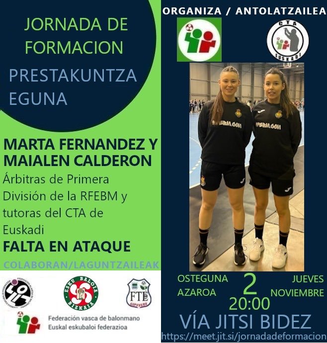 Seguimos con las jornadas de formación en ⁦<a href="/ctaeuskadibm/">CTA Euskadi</a>⁩ .  Nuestras co-compañeras ⁦<a href="/martafer00/">Marta Fernandez</a>⁩ y ⁦<a href="/maialencd/">MAIALEN</a>⁩ nos darán las claves para aprender sobre
📝 Falta en ataque
🗓️ 02/09
🕦20:00h

Vía Jitsi

Acceso libre a todo el mundo!!