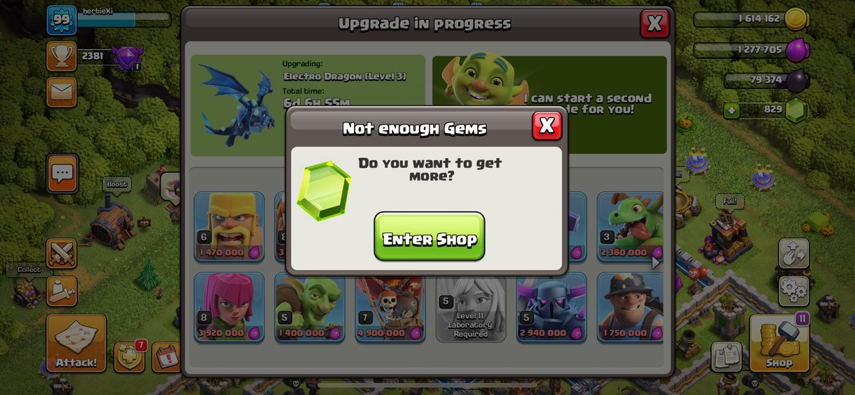 QShawn12's tweet photo. @ClashofClans having a bit of an issue here. Am I confused? Why won’t my troop upgrade using the book of Fighting but it’s instead telling me I don’t have enough gems. https://t.co/u1rm2z0mW2