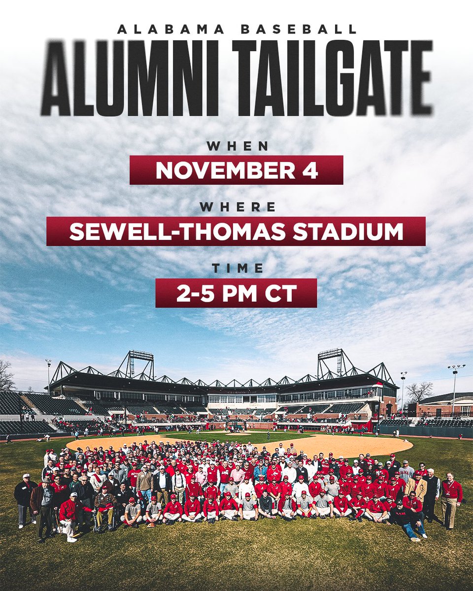 🏟️ Saturday, Nov. 4 🏟️ All former Crimson Tide baseball alumni are encouraged to join us at #TheJoe this Saturday for our Alumni Tailgate! Get more info and sign up now by clicking here bit.ly/40peQnG #RollTide