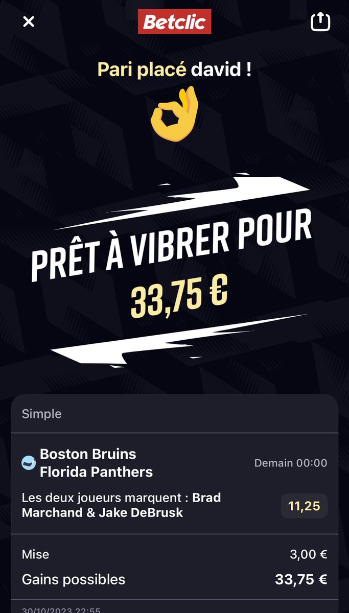💥Raise (@om0505) on Twitter photo #Puceau🏒
🏒DeBrusk@3.65💥12€
🏒🏒DeBrusk@19💥2.5€
🏒Debrusk➕
Verhaeghe@13💥2.5€
Reinhart@11.25💥2.5€
Marchand@11.25💥2.5€
Dans les matchs vs Florida il a souvent scoré,belle cote!
Let’s goooo
#TeamParieur
#Raise🏒 #Puceau🏒
🏒DeBrusk@3.65💥12€
🏒🏒DeBrusk@19💥2.5€
🏒Debrusk➕
Verhaeghe@13💥2.5€
Reinhart@11.25💥2.5€
Marchand@11.25💥2.5€
Dans les matchs vs Florida il a souvent scoré,belle cote!
Let’s goooo
#TeamParieur
#Raise🏒