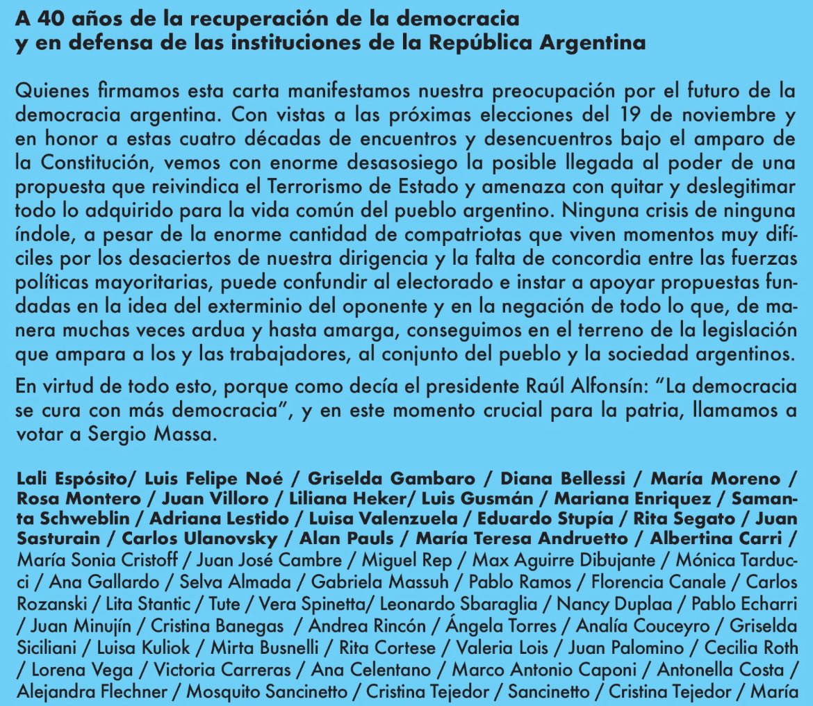 Personalidades del cine, el teatro, las artes visuales, escritores, periodistas, académicos de Argentina y del exterior; más de 800 firmas en favor de la democracia. Llamamiento para #votoMassa. Podés sumar tu firma en el formulario. form.jotform.com/233025370879662